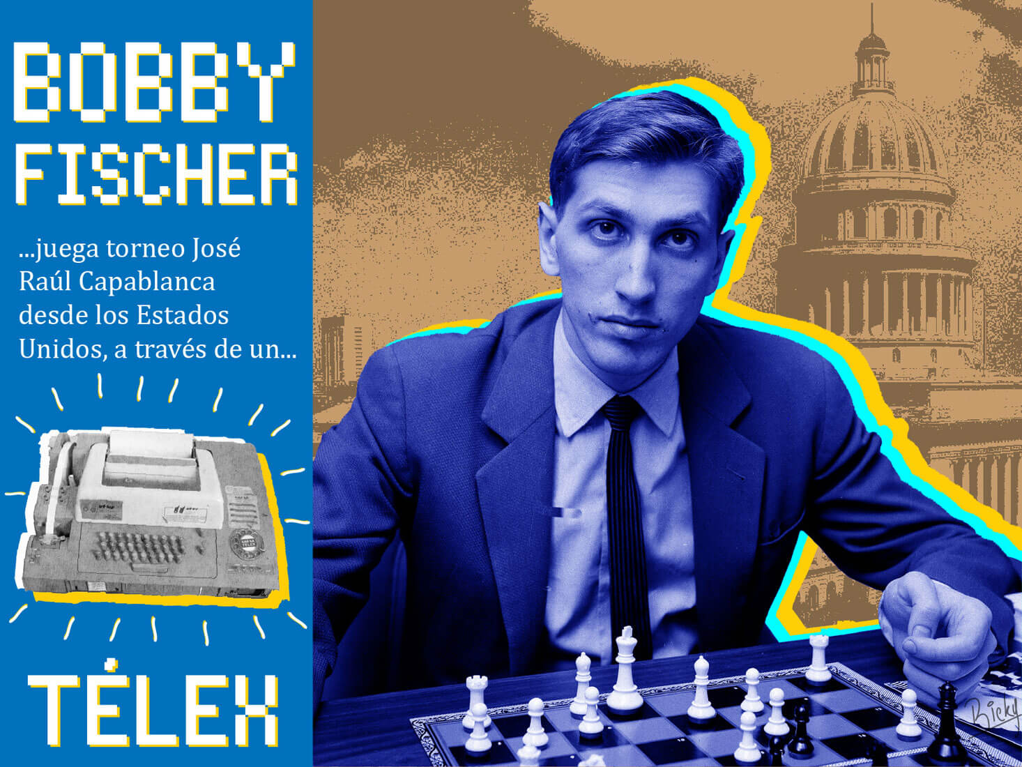 Ilustración digital que muestra al gran ajedrecista norteamericano Bobby Fischer y un dispositivo llamado Télex que utilizó para jugar un torneo en La Habana desde Estados Unidos.