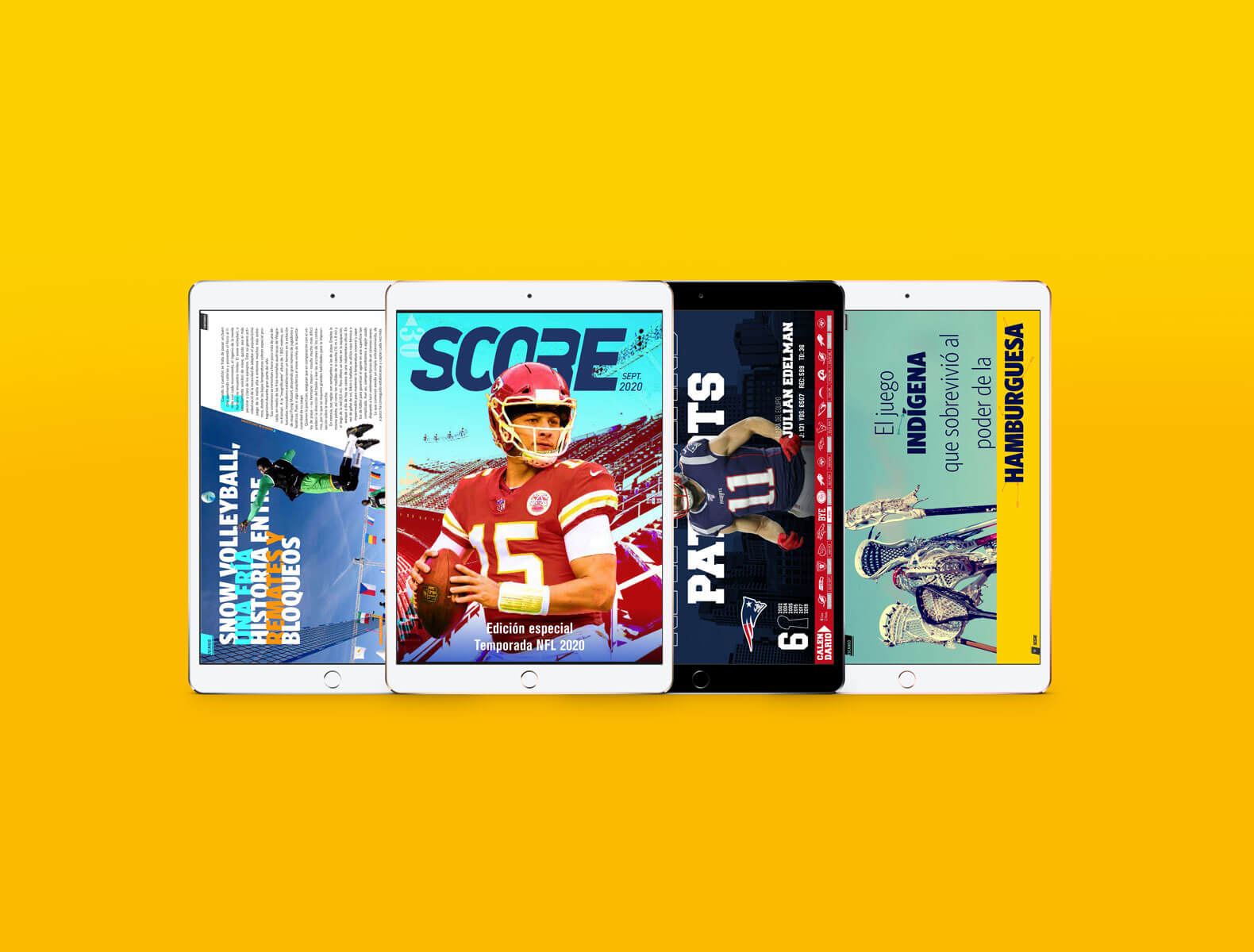 Imagen que muestra varias ediciones de la revista deportiva SCORE, mostrada en ipads.